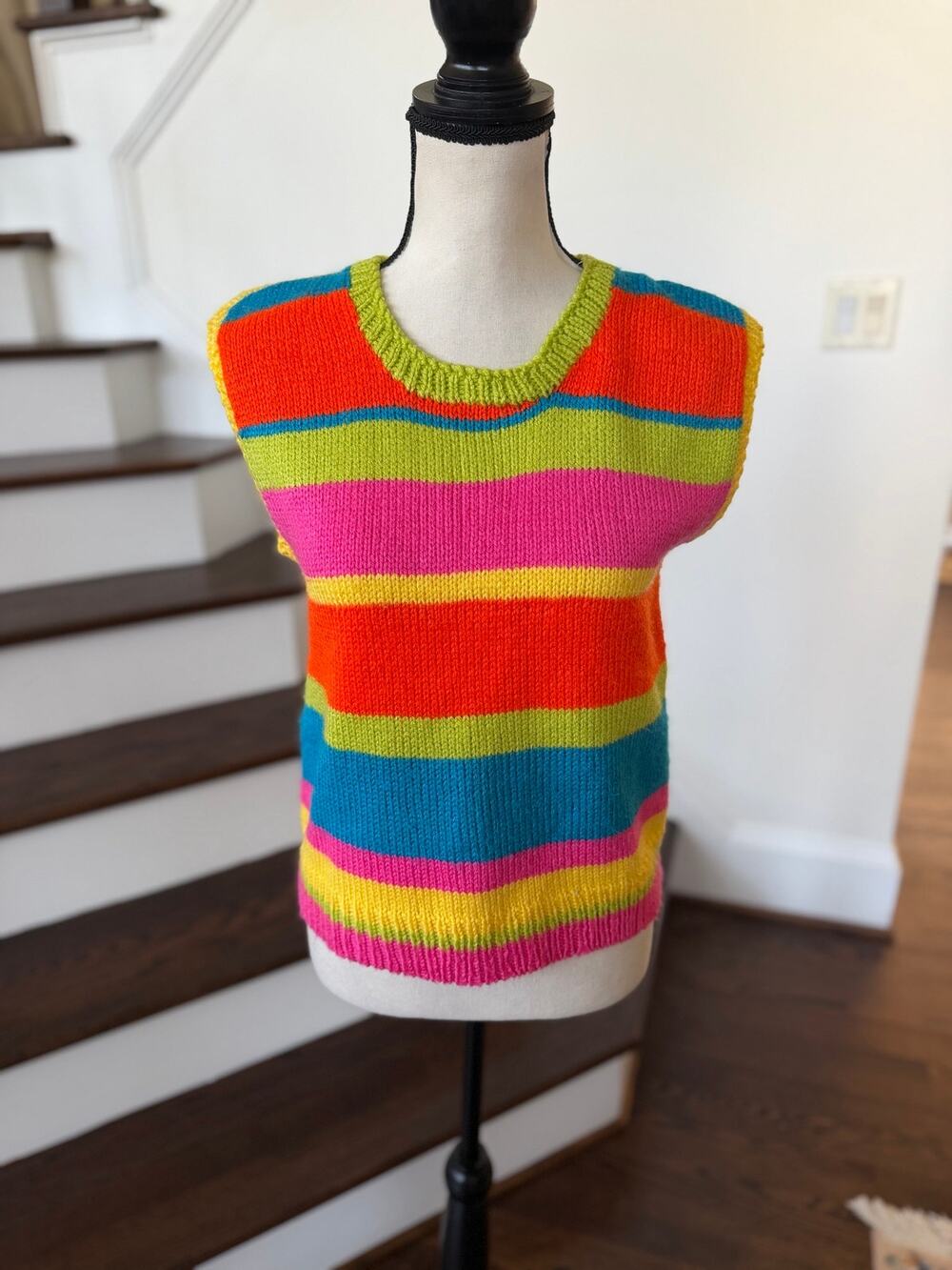 Vintage Hand Knit Neon Rainbow Orange Lime Green Pink Rugby Stripe Sweater Vest